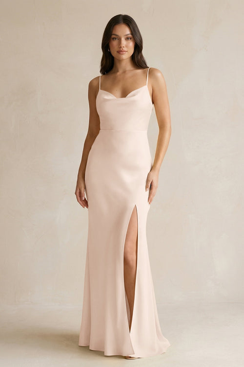 Cami Strap Sheath Satin Bridesmaid Dress With Slit in Buttercream - KissProm Bridesmaid Dresses