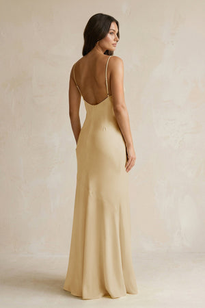 Cami Strap Sheath Satin Bridesmaid Dress With Slit in Champagne - KissProm Bridesmaid Dresses