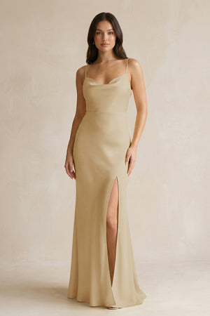 Cami Strap Sheath Satin Bridesmaid Dress With Slit in Champagne - KissProm Bridesmaid Dresses