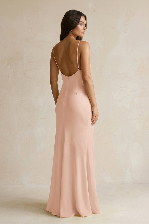 Cami Strap Sheath Satin Bridesmaid Dress With Slit in Champagne Rose - KissProm Bridesmaid Dresses