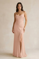 Cami Strap Sheath Satin Bridesmaid Dress With Slit in Champagne Rose - KissProm Bridesmaid Dresses