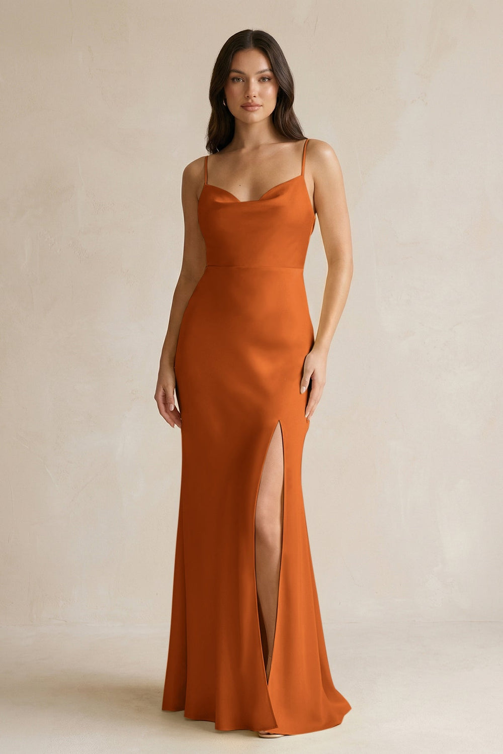 Cami Strap Sheath Satin Bridesmaid Dress With Slit in Cinnamon - KissProm Bridesmaid Dresses