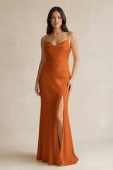 Cami Strap Sheath Satin Bridesmaid Dress With Slit in Cinnamon - KissProm Bridesmaid Dresses