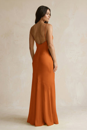 Cami Strap Sheath Satin Bridesmaid Dress With Slit in Cinnamon - KissProm Bridesmaid Dresses