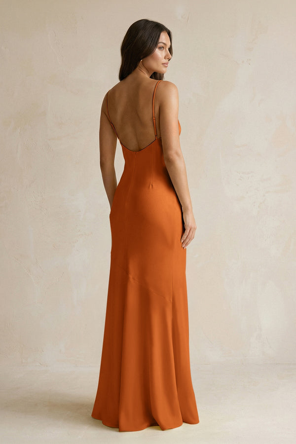 Cami Strap Sheath Satin Bridesmaid Dress With Slit in Cinnamon - KissProm Bridesmaid Dresses