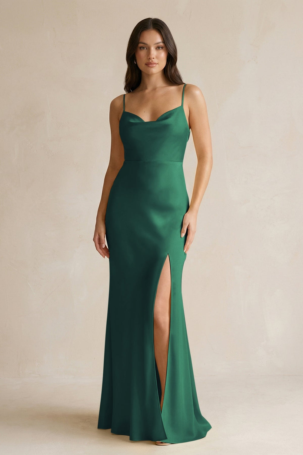 Cami Strap Sheath Satin Bridesmaid Dress With Slit in Dark Green - KissProm Bridesmaid Dresses