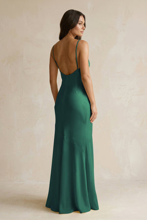 Cami Strap Sheath Satin Bridesmaid Dress With Slit in Dark Green - KissProm Bridesmaid Dresses