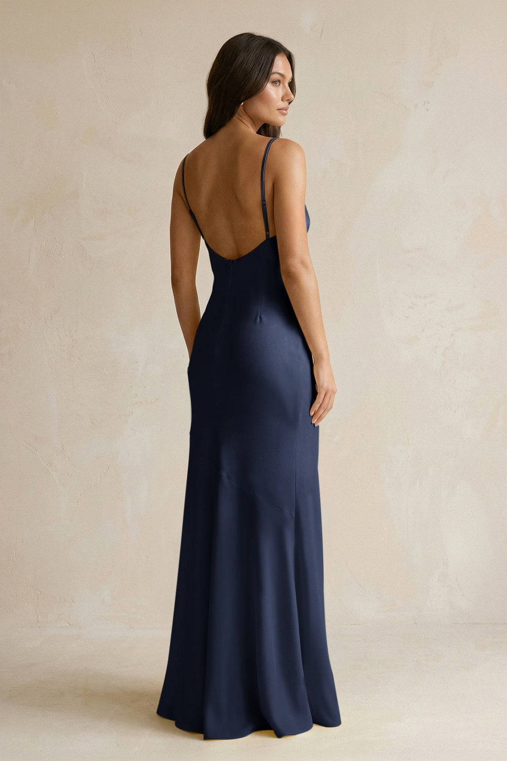 Cami Strap Sheath Satin Bridesmaid Dress With Slit in Dark Navy - KissProm Bridesmaid Dresses