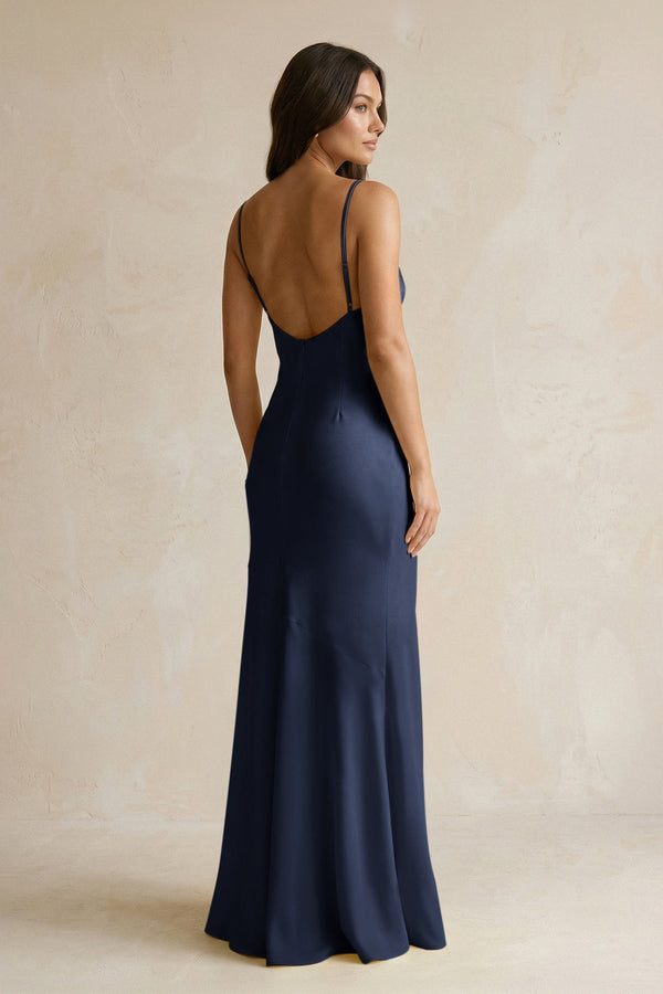 Cami Strap Sheath Satin Bridesmaid Dress With Slit in Dark Navy - KissProm Bridesmaid Dresses