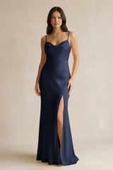 Cami Strap Sheath Satin Bridesmaid Dress With Slit in Dark Navy - KissProm Bridesmaid Dresses