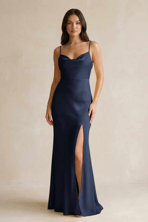 Cami Strap Sheath Satin Bridesmaid Dress With Slit in Dark Navy - KissProm Bridesmaid Dresses
