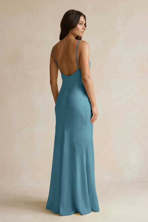 Cami Strap Sheath Satin Bridesmaid Dress With Slit in Dark Teal - KissProm Bridesmaid Dresses