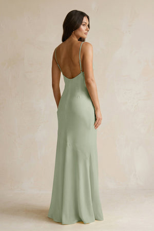 Cami Strap Sheath Satin Bridesmaid Dress With Slit in Dove Gray - KissProm Bridesmaid Dresses