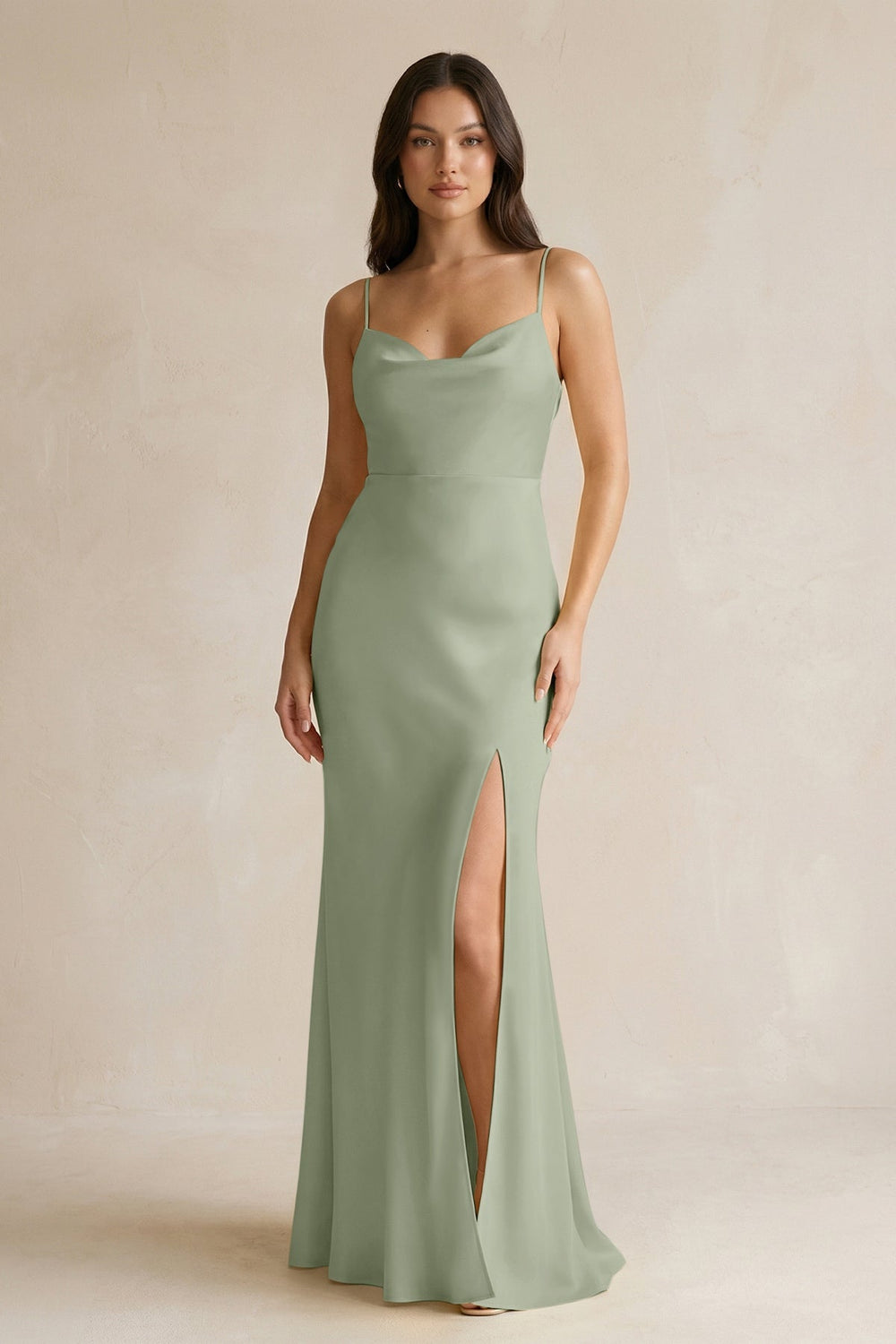 Cami Strap Sheath Satin Bridesmaid Dress With Slit in Dove Gray - KissProm Bridesmaid Dresses