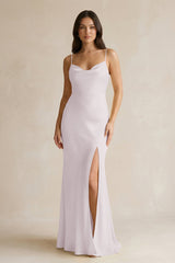 Cami Strap Sheath Satin Bridesmaid Dress With Slit in Dusk - KissProm Bridesmaid Dresses