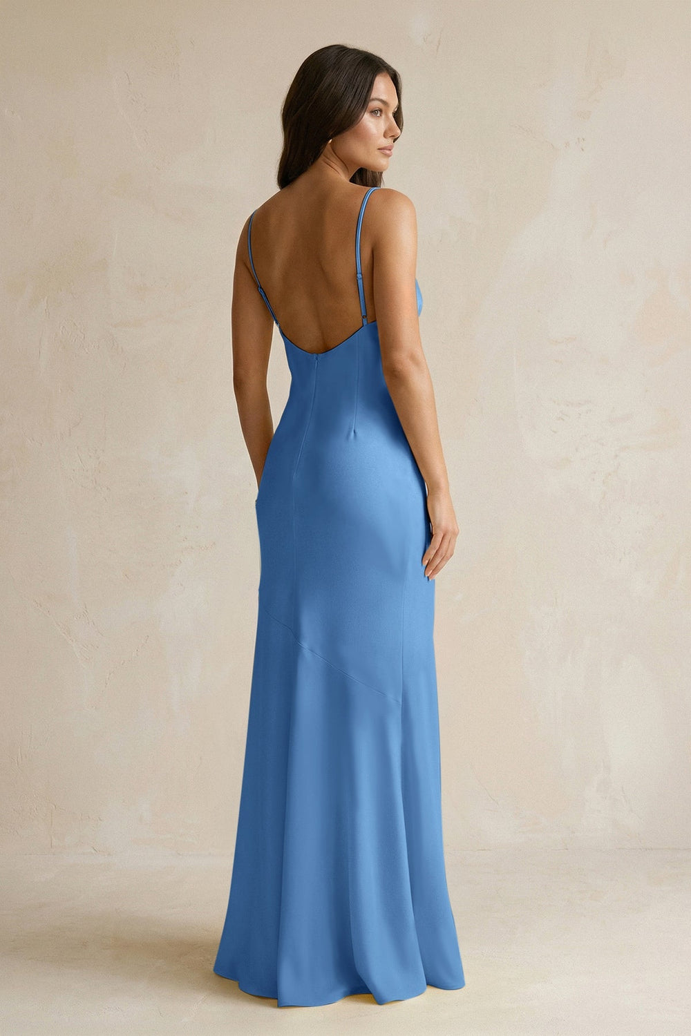 Cami Strap Sheath Satin Bridesmaid Dress With Slit in Dusty Blue - KissProm Bridesmaid Dresses