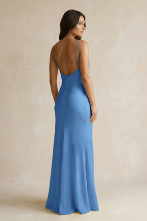 Cami Strap Sheath Satin Bridesmaid Dress With Slit in Dusty Blue - KissProm Bridesmaid Dresses