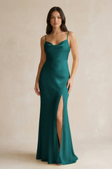 Cami Strap Sheath Satin Bridesmaid Dress With Slit in Emerald - KissProm Bridesmaid Dresses
