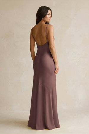 Cami Strap Sheath Satin Bridesmaid Dress With Slit in Espresso - KissProm Bridesmaid Dresses