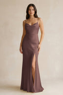 Cami Strap Sheath Satin Bridesmaid Dress With Slit in Espresso - KissProm Bridesmaid Dresses
