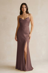 Cami Strap Sheath Satin Bridesmaid Dress With Slit in Espresso - KissProm Bridesmaid Dresses