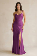 Cami Strap Sheath Satin Bridesmaid Dress With Slit in Fig - KissProm Bridesmaid Dresses
