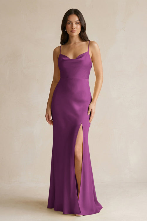 Cami Strap Sheath Satin Bridesmaid Dress With Slit in Fig - KissProm Bridesmaid Dresses