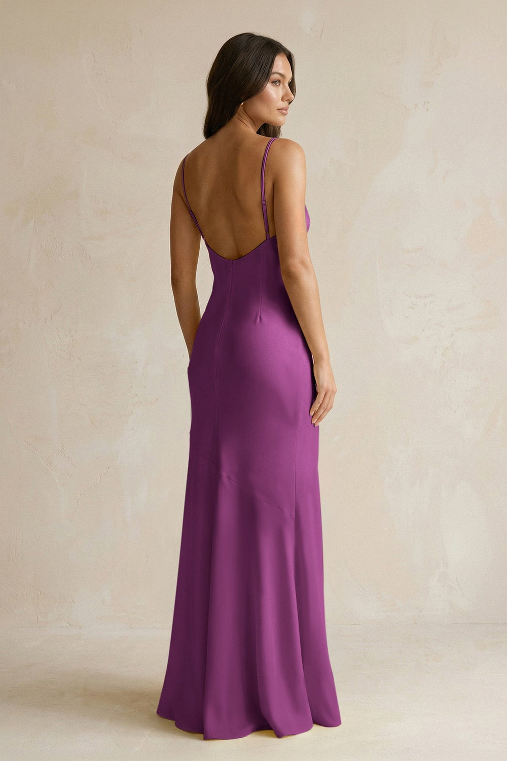 Cami Strap Sheath Satin Bridesmaid Dress With Slit in Fig - KissProm Bridesmaid Dresses