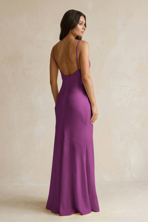 Cami Strap Sheath Satin Bridesmaid Dress With Slit in Fig - KissProm Bridesmaid Dresses