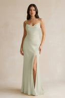 Cami Strap Sheath Satin Bridesmaid Dress With Slit in Frost - KissProm Bridesmaid Dresses