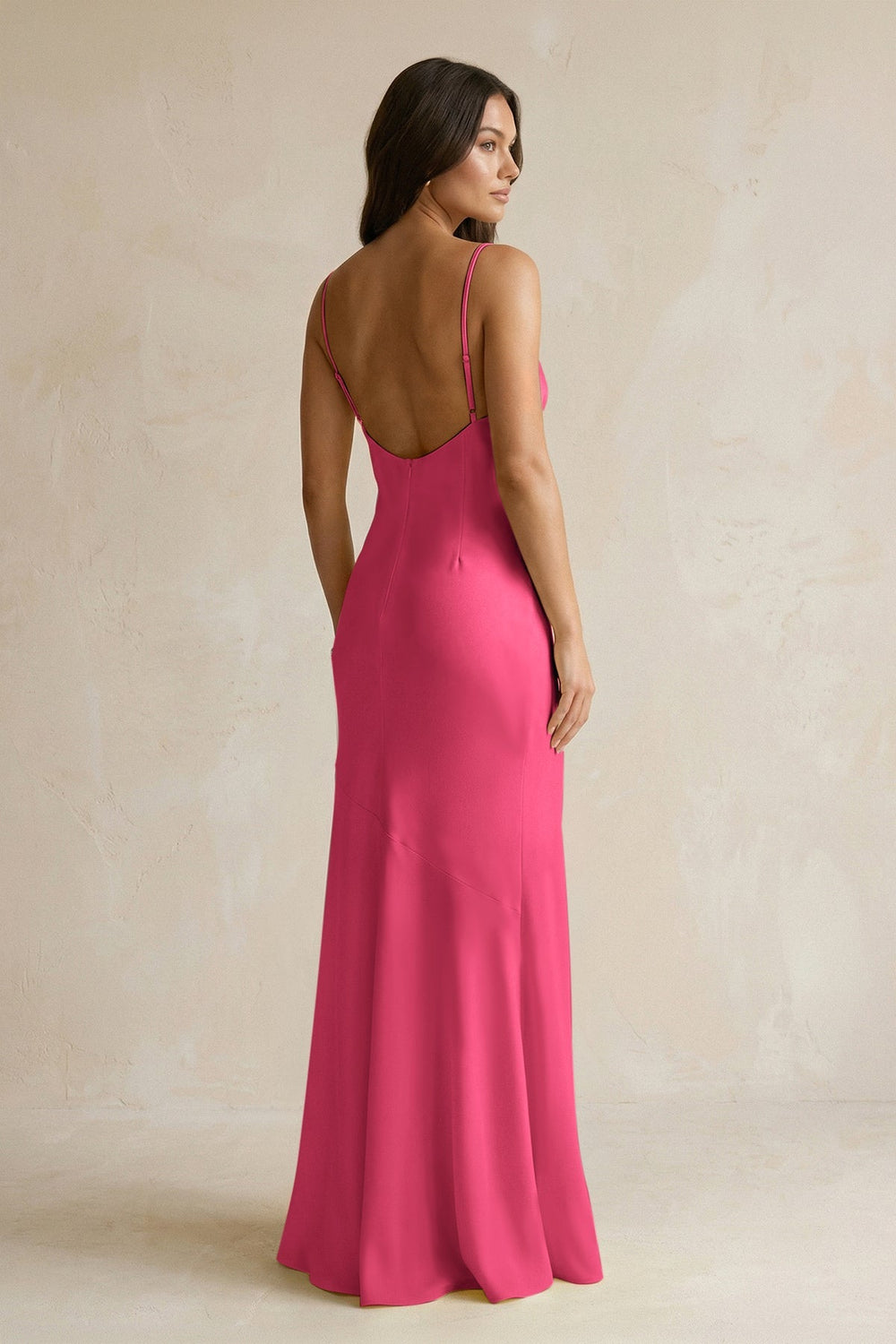 Cami Strap Sheath Satin Bridesmaid Dress With Slit in Fuchsia - KissProm Bridesmaid Dresses