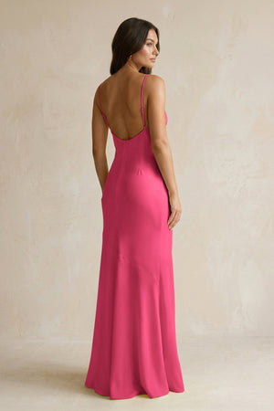 Cami Strap Sheath Satin Bridesmaid Dress With Slit in Fuchsia - KissProm Bridesmaid Dresses