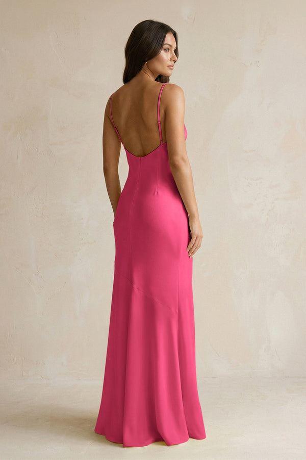 Cami Strap Sheath Satin Bridesmaid Dress With Slit in Fuchsia - KissProm Bridesmaid Dresses