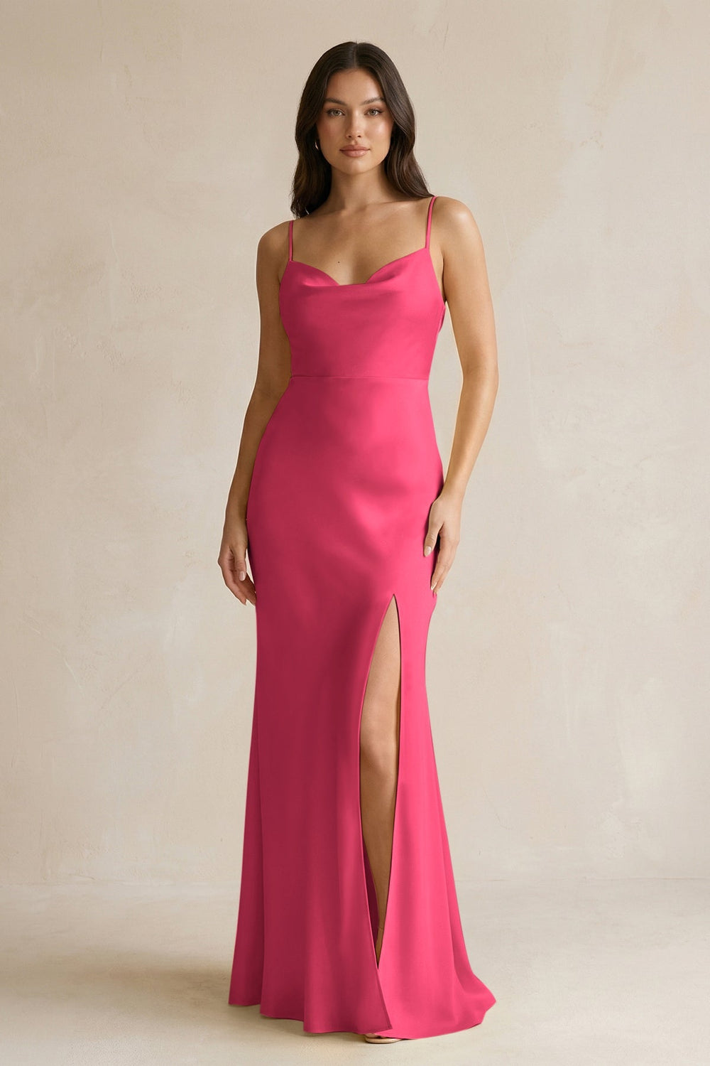 Cami Strap Sheath Satin Bridesmaid Dress With Slit in Fuchsia - KissProm Bridesmaid Dresses