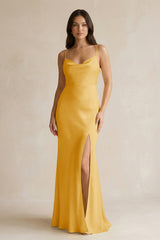 Cami Strap Sheath Satin Bridesmaid Dress With Slit in Gold - KissProm Bridesmaid Dresses