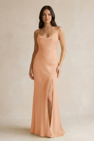 Cami Strap Sheath Satin Bridesmaid Dress With Slit in Golden Champagne - KissProm Bridesmaid Dresses