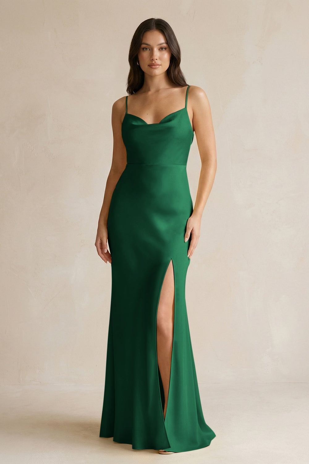 Cami Strap Sheath Satin Bridesmaid Dress With Slit in Green - KissProm Bridesmaid Dresses