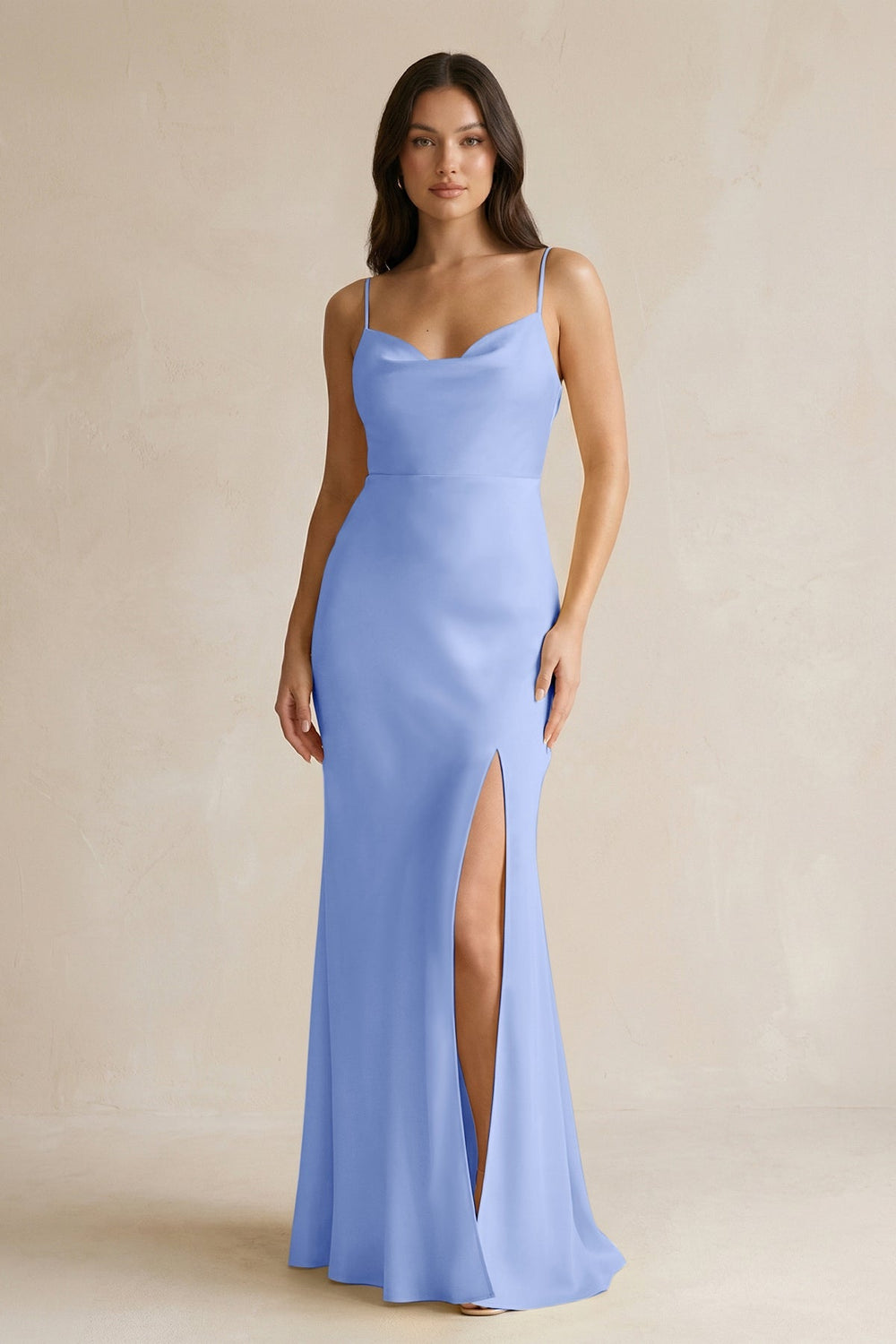 Cami Strap Sheath Satin Bridesmaid Dress With Slit in Ice - KissProm Bridesmaid Dresses
