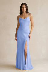 Cami Strap Sheath Satin Bridesmaid Dress With Slit in Ice - KissProm Bridesmaid Dresses