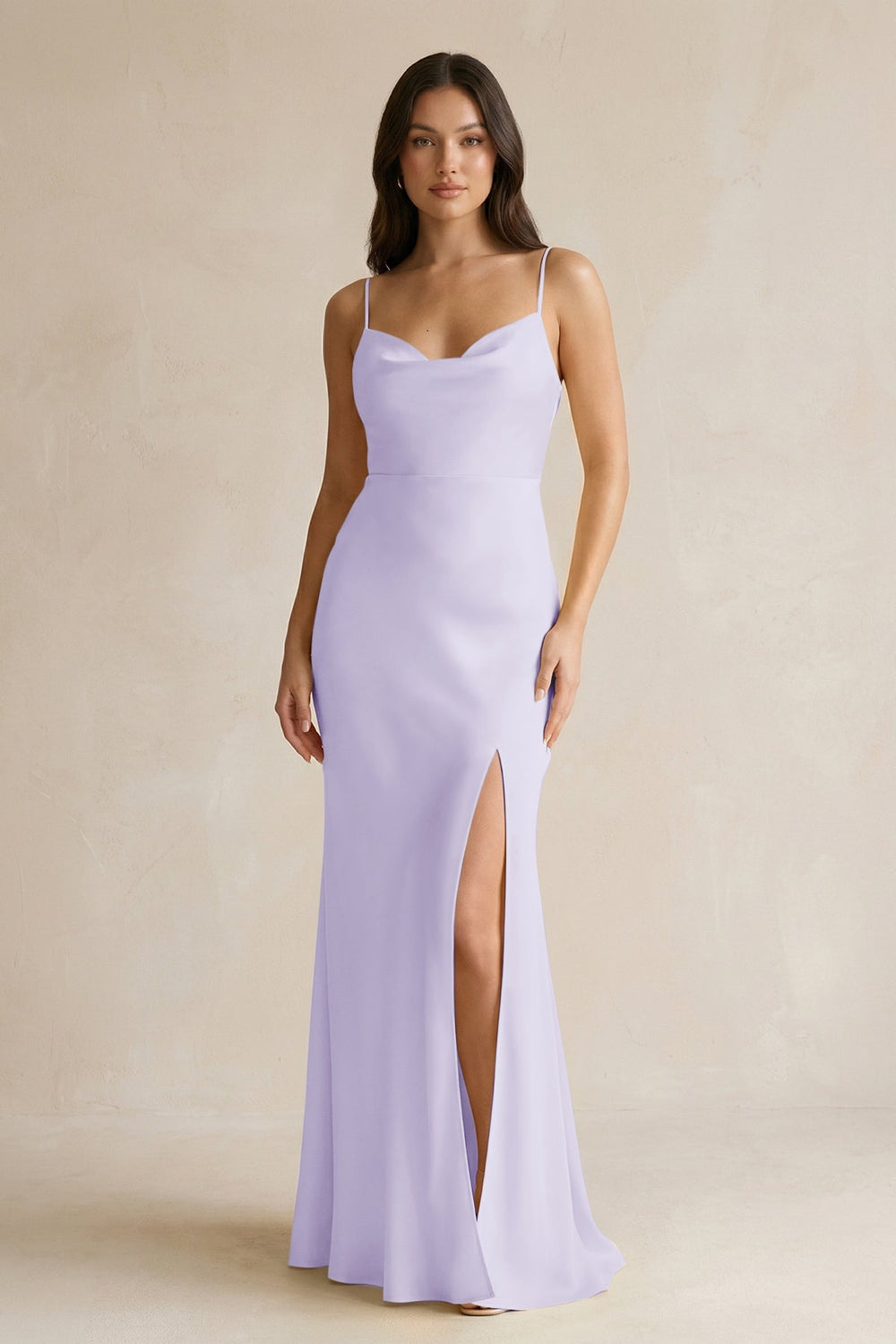 Cami Strap Sheath Satin Bridesmaid Dress With Slit in Lavender - KissProm Bridesmaid Dresses