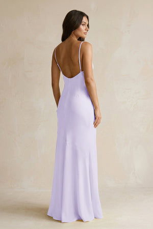 Cami Strap Sheath Satin Bridesmaid Dress With Slit in Lavender - KissProm Bridesmaid Dresses