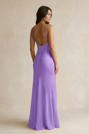 Cami Strap Sheath Satin Bridesmaid Dress With Slit in Lilac - KissProm Bridesmaid Dresses