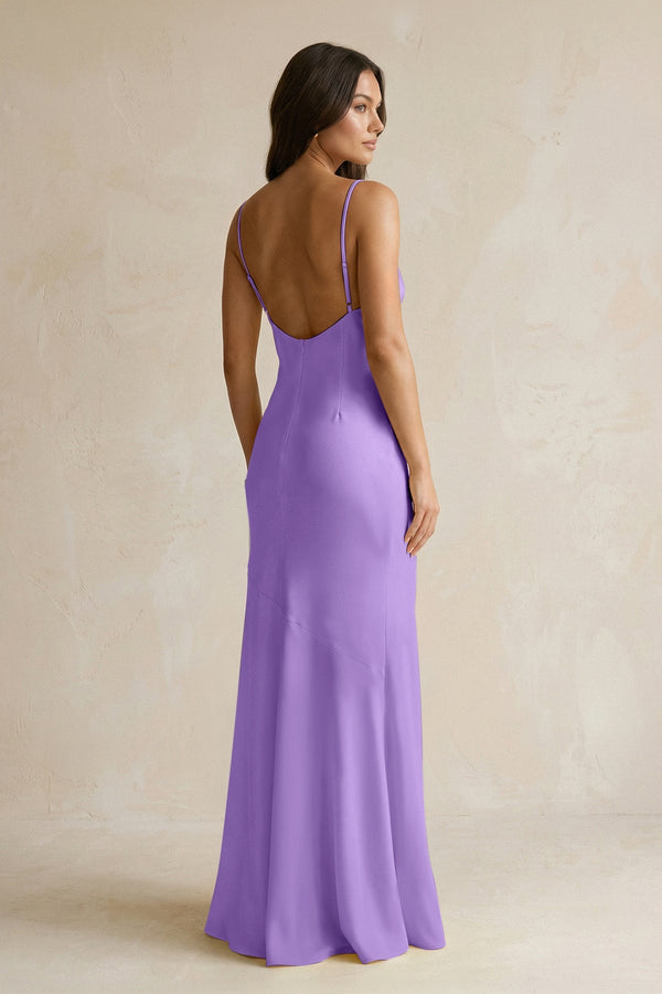 Cami Strap Sheath Satin Bridesmaid Dress With Slit in Lilac - KissProm Bridesmaid Dresses
