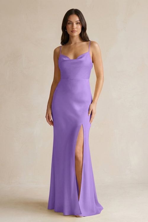 Cami Strap Sheath Satin Bridesmaid Dress With Slit in Lilac - KissProm Bridesmaid Dresses