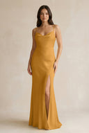 Cami Strap Sheath Satin Bridesmaid Dress With Slit in Marigold - KissProm Bridesmaid Dresses