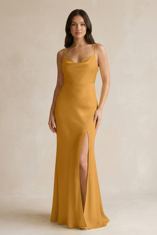 Cami Strap Sheath Satin Bridesmaid Dress With Slit in Marigold - KissProm Bridesmaid Dresses