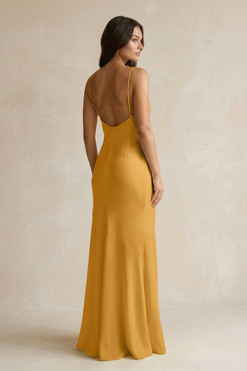 Cami Strap Sheath Satin Bridesmaid Dress With Slit in Marigold - KissProm Bridesmaid Dresses