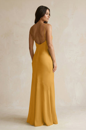 Cami Strap Sheath Satin Bridesmaid Dress With Slit in Marigold - KissProm Bridesmaid Dresses