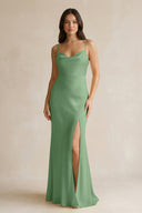 Cami Strap Sheath Satin Bridesmaid Dress With Slit in Matcha - KissProm Bridesmaid Dresses