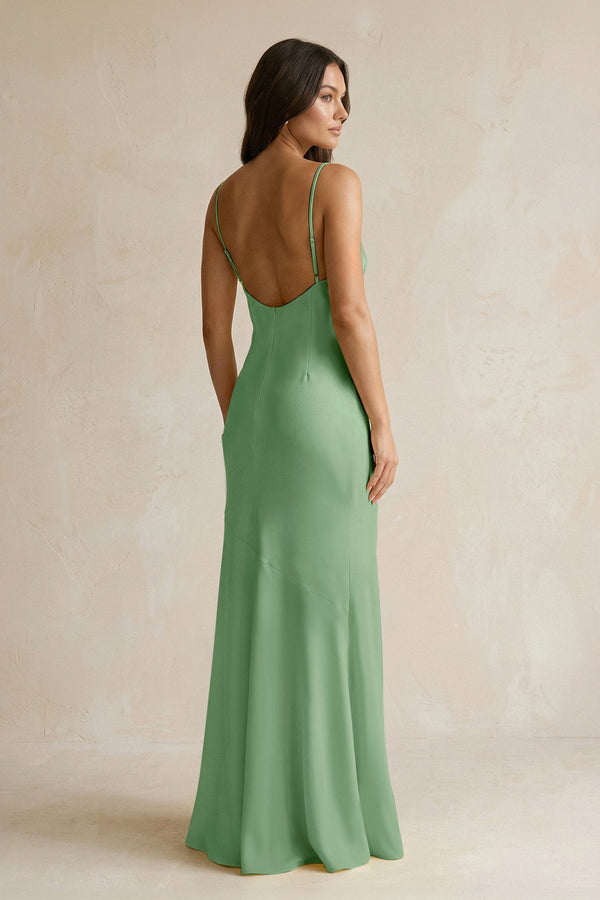 Cami Strap Sheath Satin Bridesmaid Dress With Slit in Matcha - KissProm Bridesmaid Dresses